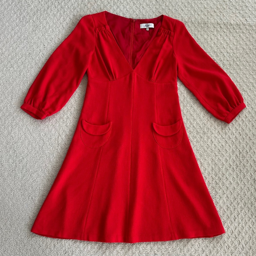 Tibi 100% Virgin Wool A-Line Midi Dress Red 6 Classic Fall Winter Designer